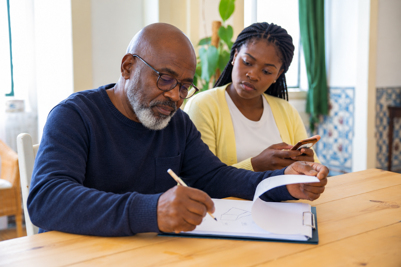 Elderly patient reviewing his care plan with a carer